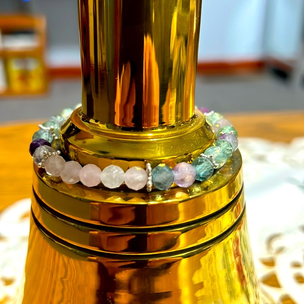 B3. Faceted Rose Quartz Fluorite & .925 Sterling Silver Bracelet Made on Maui